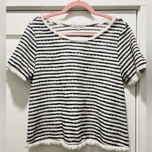 Top Crop Green Envelope White Navy Stripes Fringed Trim Woven SZ M Front Tuck